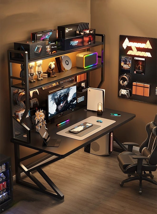 Spides Double K Shaped Computer Desk Multifunctional Gaming Desk with Storage Shelves and Pegboard Ergonomic PC Desktop Computer Gaming Table with 2 Tier Sturdy Metal Frame Large Study Writing Workstation Table for Home Office,Study, Work - Image 1